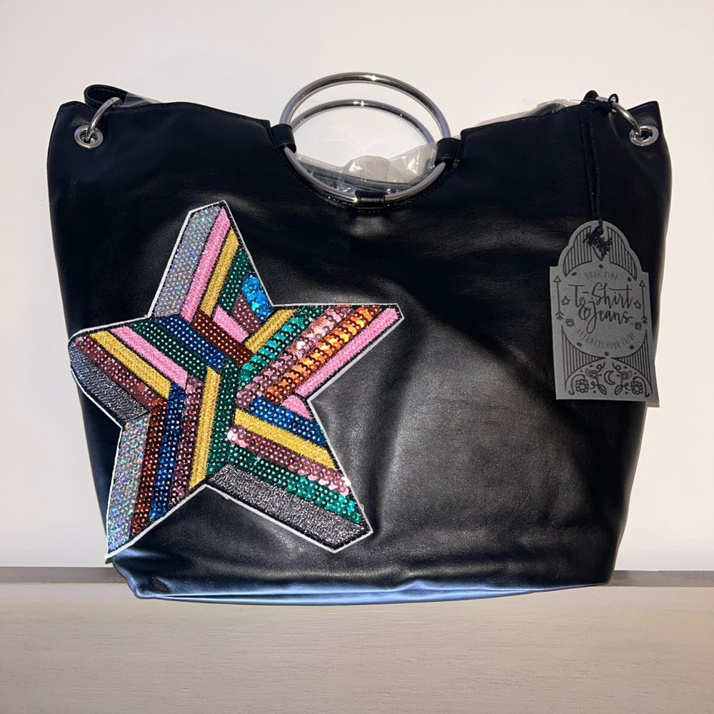 T-Shirt and Jeans Ring Tote Shoulder Handbag Sequin Star Black